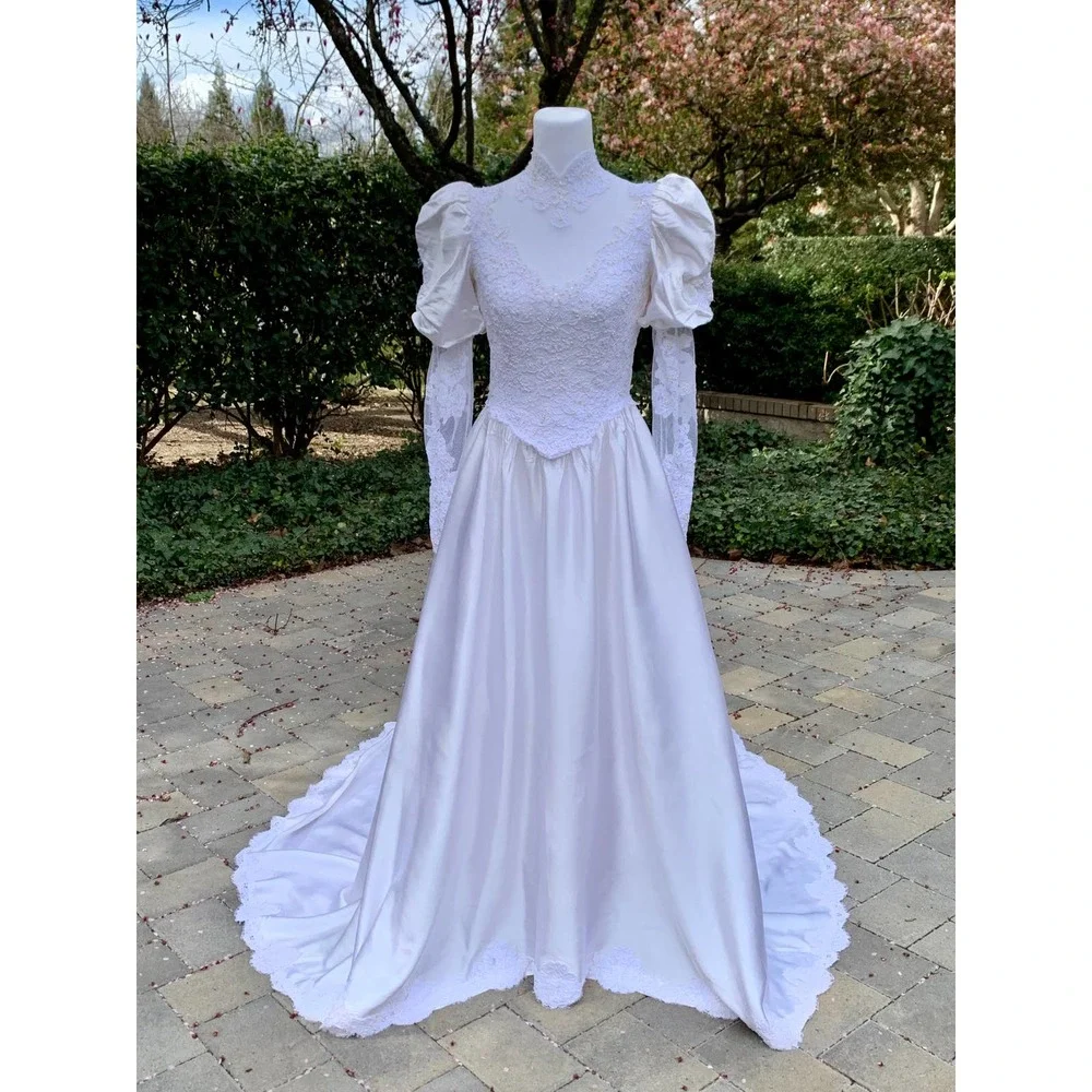 Vintage 80s Poof Sleeve Wedding Dress Victorian Edwardian Cottage Core SZ ~6-8P - Picture 3 of 14